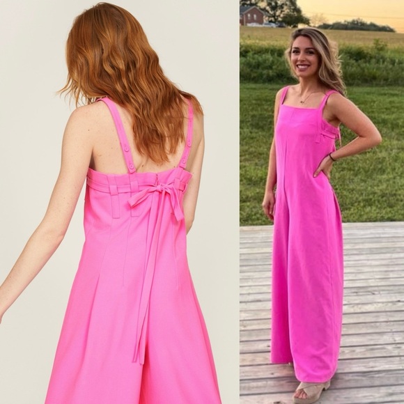 ADAM LIPPES Pink Square Neck Sleeveless Tie Back Wide Leg Overalls Jumpsuit 10 - Picture 2 of 7